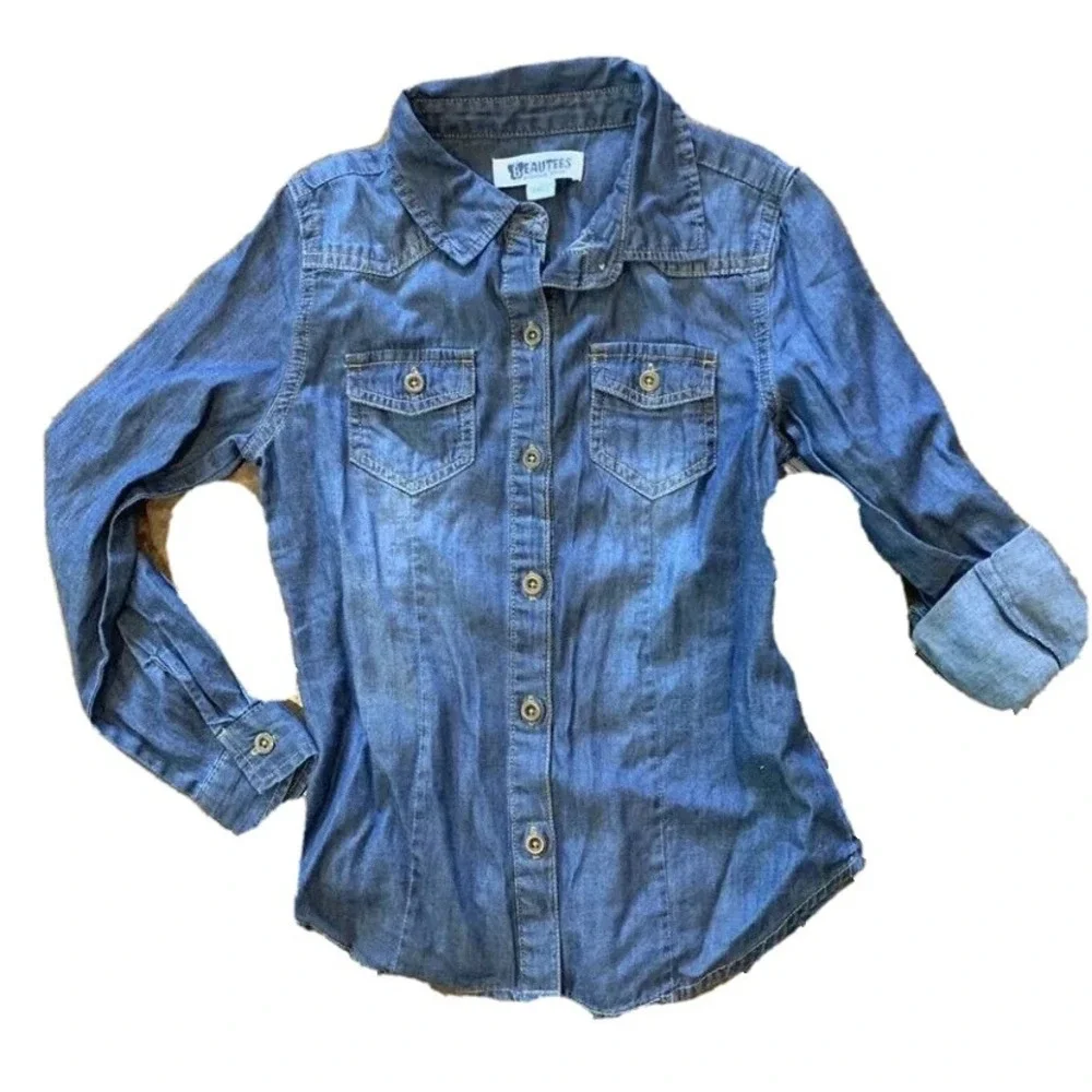 Beautees Premium Denim Girls Shirt New with Tags 6X Button Up Long Sleeved Cute
